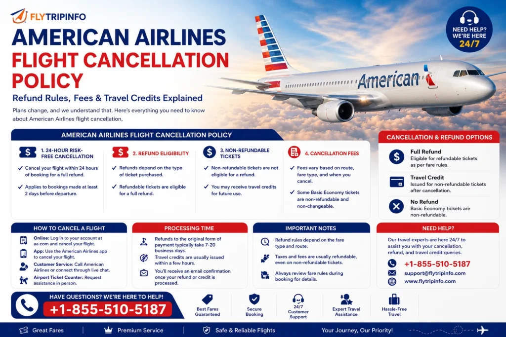 American Airlines flight cancellation and refund policy guide showing travel credits, refunds, and ticket cancellation options.