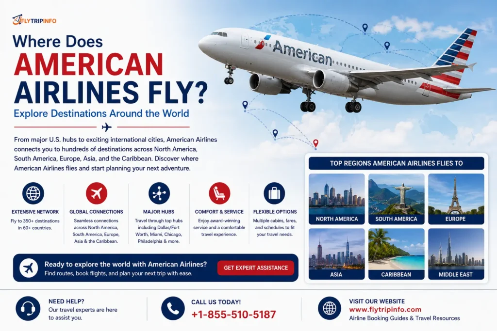 American Airlines destinations map showing domestic and international routes in 2026