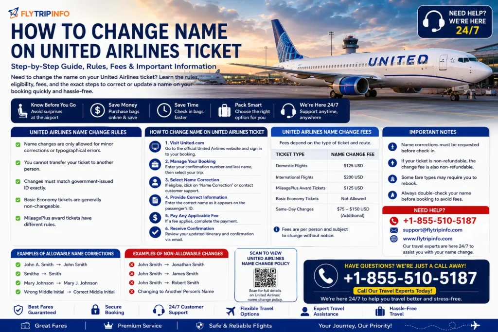 Change name on United Airlines ticket guide with name correction rules and passenger information update process
