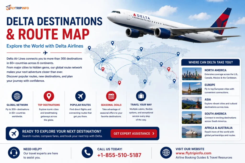 Delta destinations route map showing domestic and international flight network