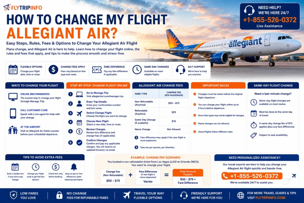 Traveler reviewing Allegiant flight change policy, fare rules, fees, and ticket modification options before departure