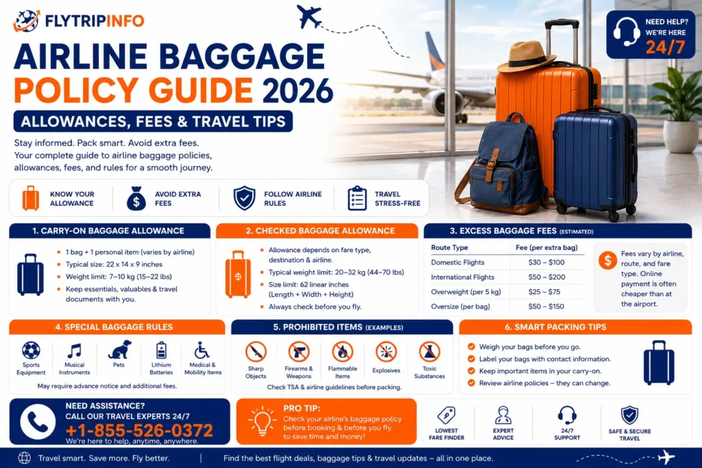 Airline baggage policy guide 2026 showing checked bag fees, carry-on limits, and TSA rules comparison chart