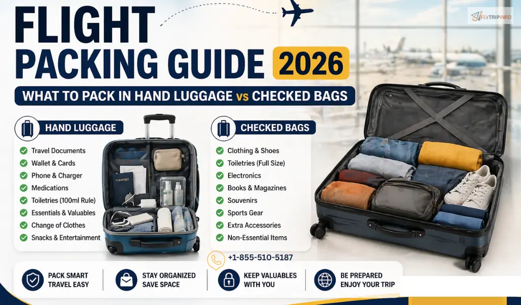 Flight packing guide 2025 showing hand luggage essentials and checked bag items for airline travel.