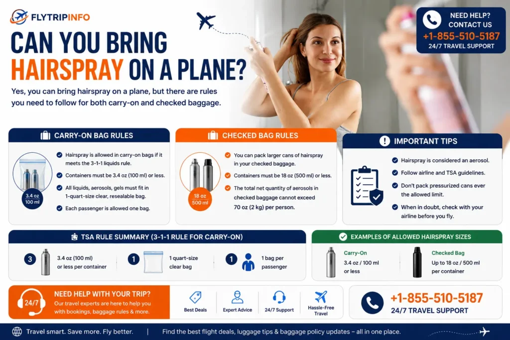 Travel-size aerosol hairspray packed for airplane carry-on baggage