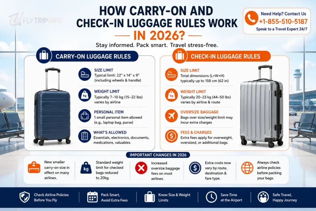 Airline baggage rules comparison showing carry-on and checked luggage differences, with airport check-in process illustration